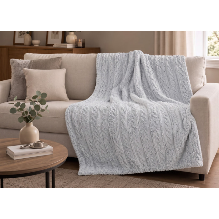 Plaid Pile Coperta Divano Letto Jacquard Lavorazione Maglia Morbido e Confortevole Disegno Treccia Colore Grigio Chiaro