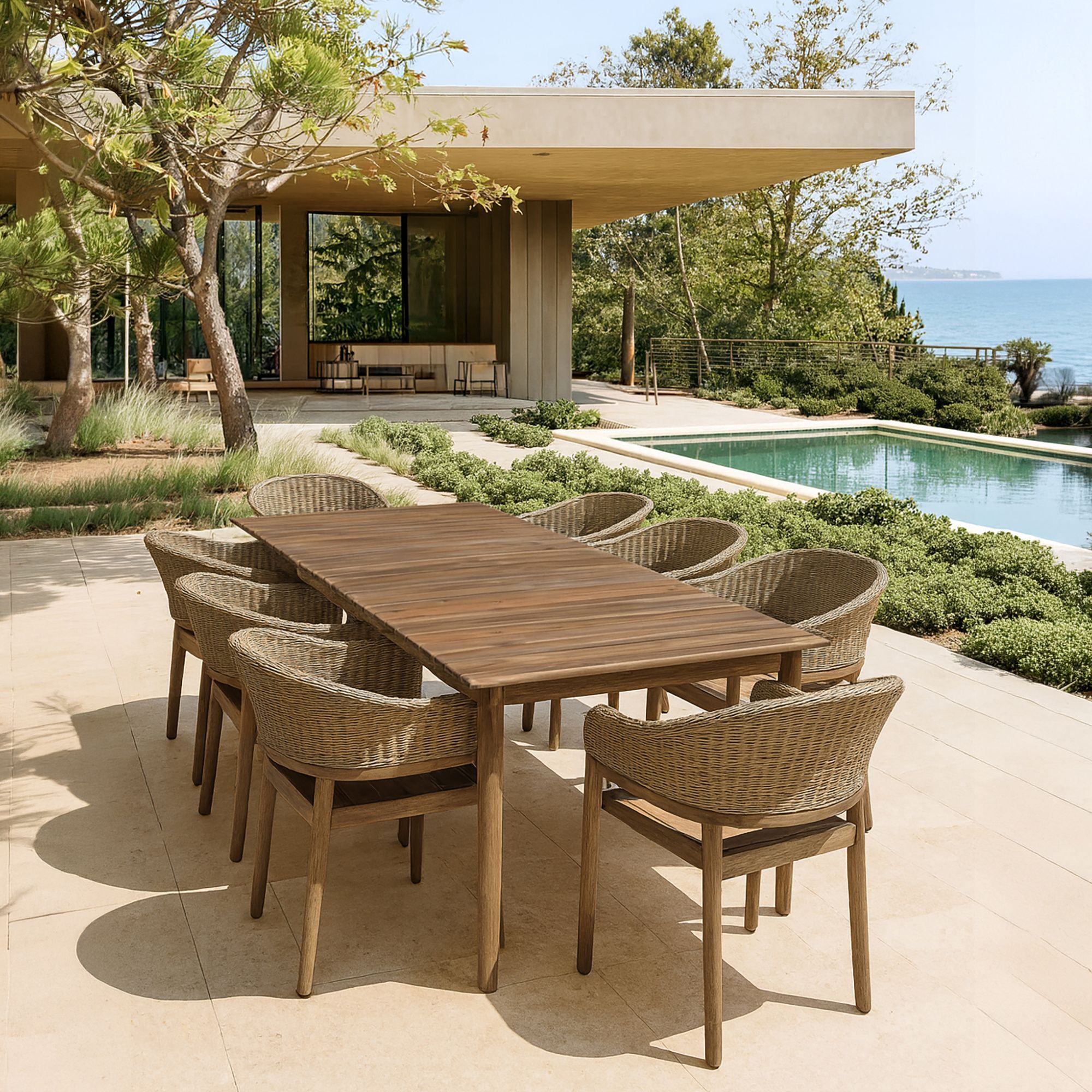 Ensemble de jardin table en bois d'acacia brun et 8 fauteuils  ALHAMBRA