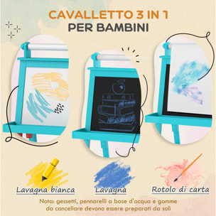 AIYAPLAY Lavagna per Bambini con Cavalletto 3 in 1, Rotolo di Carta e 2 Contenitori, in Legno, 59x48x118 cm, Blu