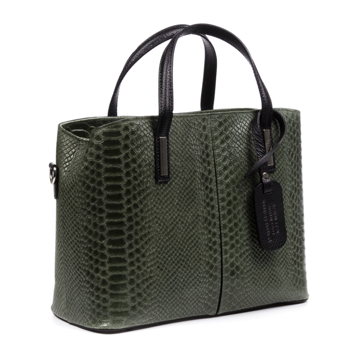 FIRENZE ARTEGIANI Borsa Tote da Donna Violante. Vera Pelle Scamosciata Incisione Serpente Made in Italy 32x14x25 Cm. Colore: verde scuro
