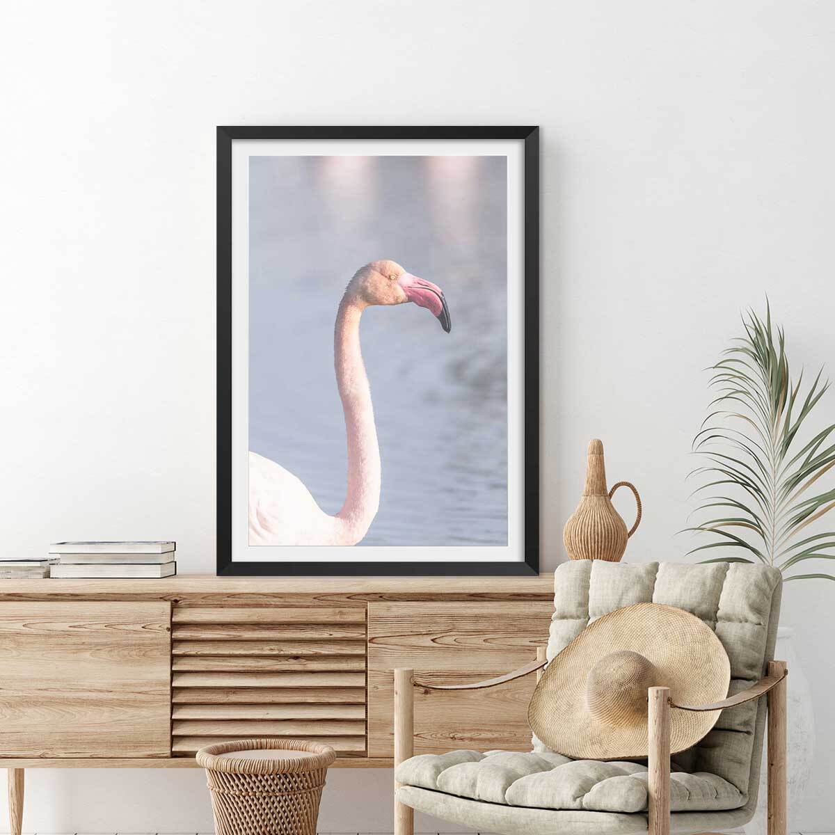 Affiche pastel pink flamingo Affiche + cadre en bois - Noir