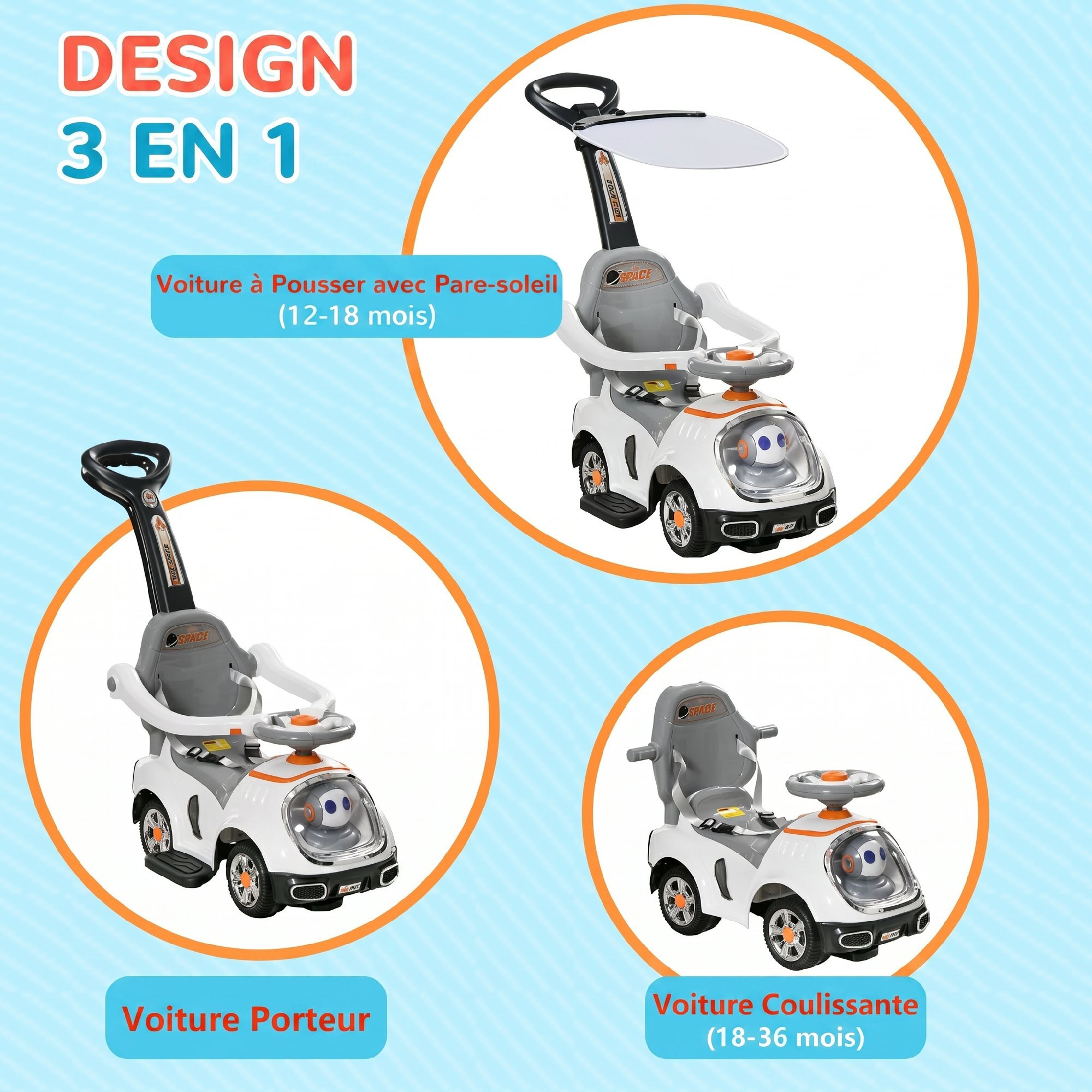 Porteur enfant évolutif 3 en 1 design rover spatial effets sonores lumineux