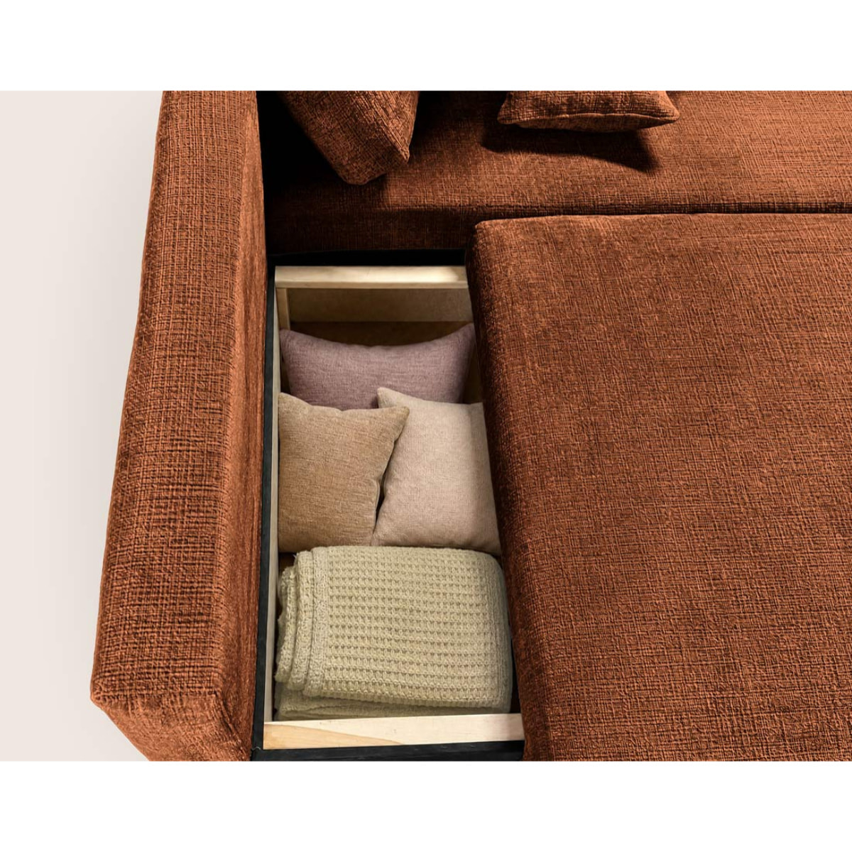 Miro - Canapé d'angle droit 4 places convertible avec coffre en velours texturé - Rouille