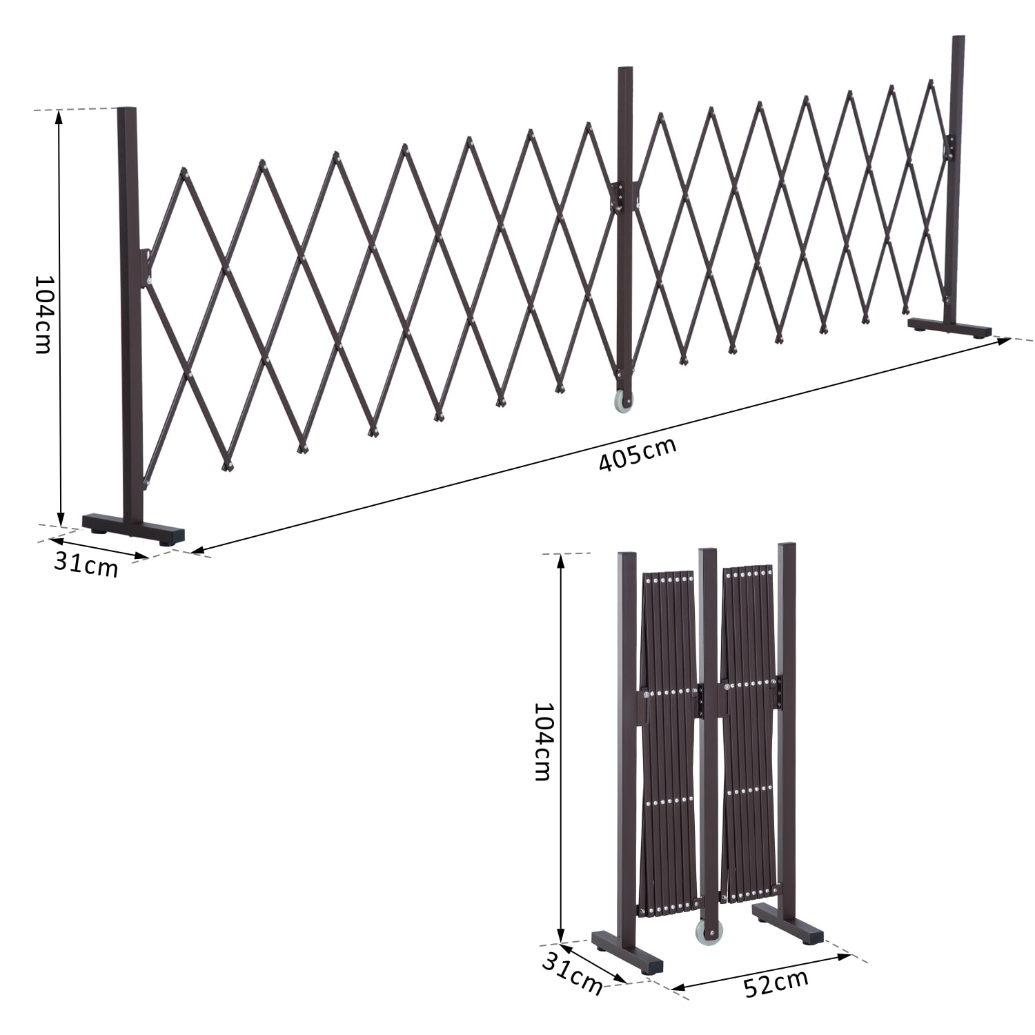 Barrière extensible rétractable barrière de sécurité avec roulette 405L x 31l x 104H cm alu métal chocolat