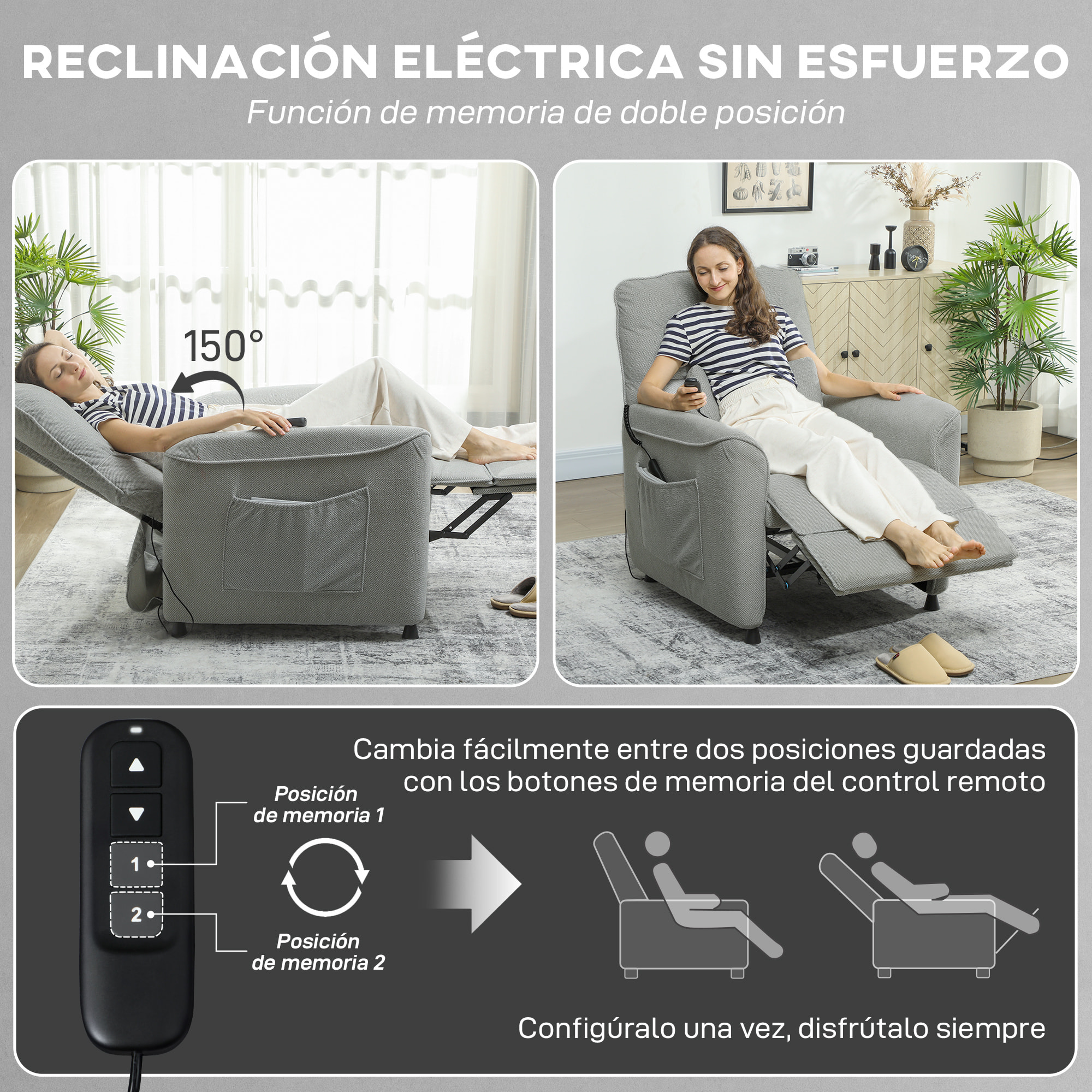 Sillón Relax Reclinable Eléctrico, con Calor Lumbar y Masaje Vibración, Sillón Masaje Relax, Motor Silencioso, Función de Memoria, Bolsillos Laterales, Almohada, Control Remoto con USB, Gris