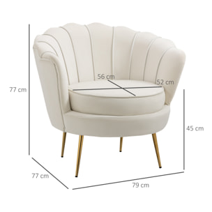 Fauteuil coquillage fauteuil design dim. 79L x 77l x 77H cm pieds dorés effilés velours blanc laiteux