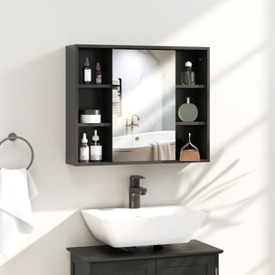 Miroir de salle de bain avec placard et étagères - 4 étagères latérales + 2 étagères intérieures - MDF panneaux particules noir