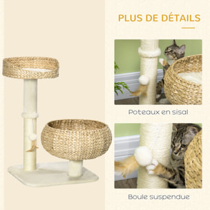 Arbre à chat griffoir 2 niveaux hauteur 72 cm poteau sisal avec niche et plate-forme 1 balle suspendue beige