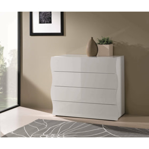 Comò moderno, Made in Italy, Mobiletto per Soggiorno e Camera, Credenza 4 cassetti, cm 98x40h82, colore Bianco lucido