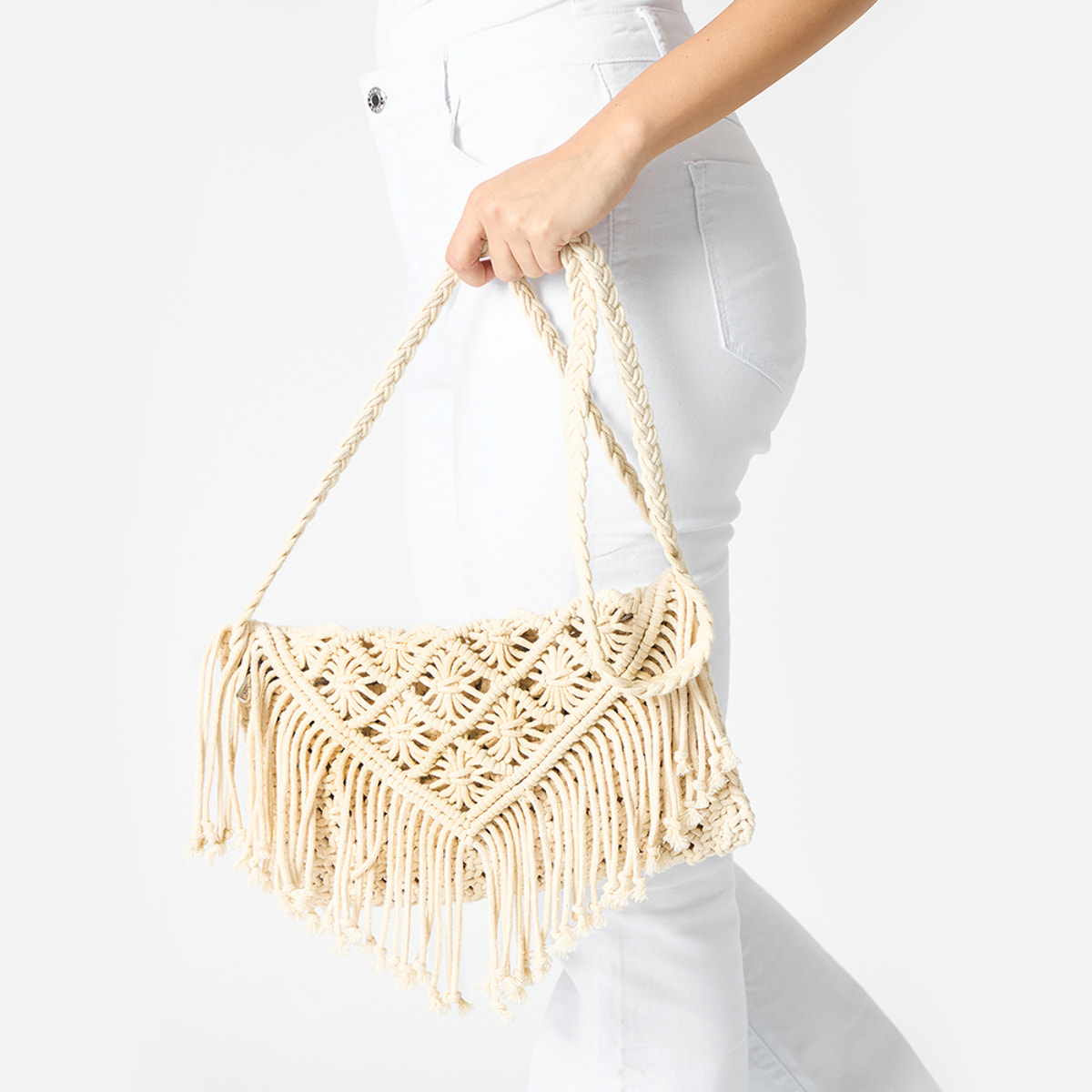 Pochette donna panna in tessuto macramè