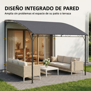 Pérgola de Pared de Jardín 2,8x3,8 m, Cenador de Jardín con Techo Inclinado, Orificios de Drenaje y Estructura Metálica, Resistente a la Intemperie, para Patio, Terraza, Balcón, Gris