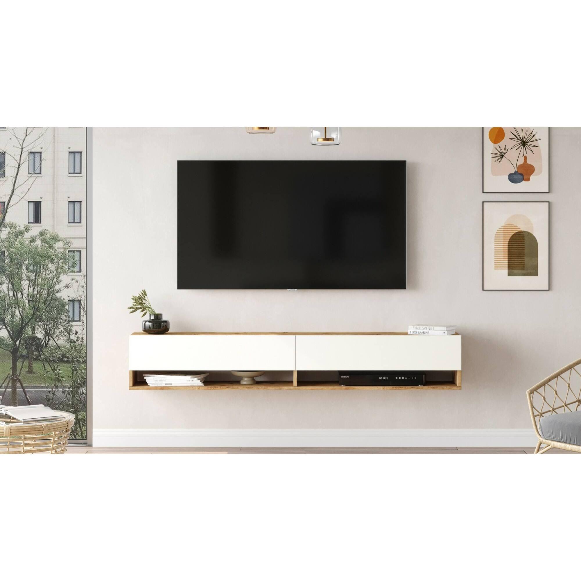 Mobile porta TV Dkechrid, Credenza da soggiorno, Armadio basso per TV, Base parete attrezzata, 180x32h29 cm, Quercia e Bianco