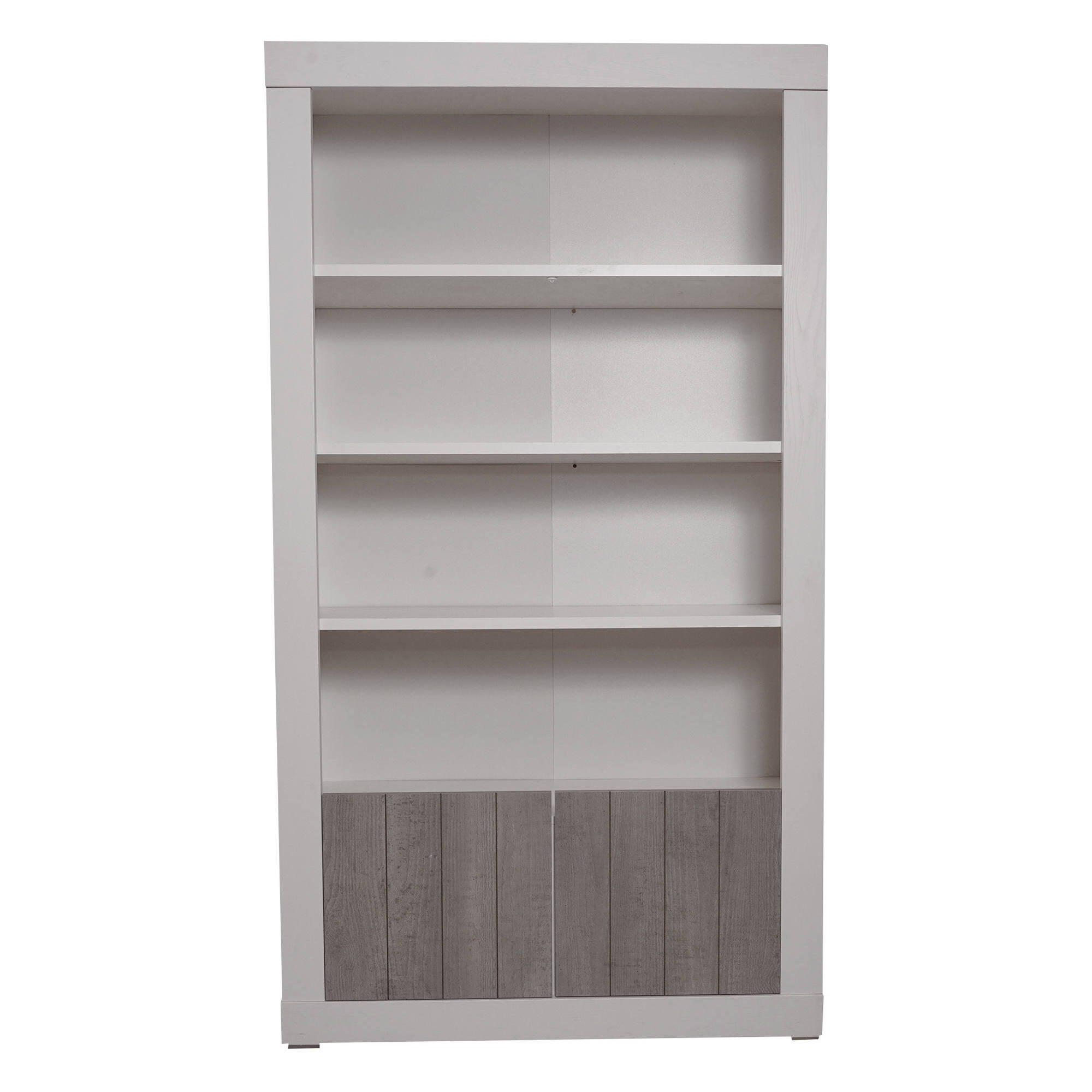 Libreria alta con 4 ripiani e 2 ante, Scaffale per libri e documenti, Libreria portaoggetti da ufficio, cm 105x42h191, colore Bianco e Cemento