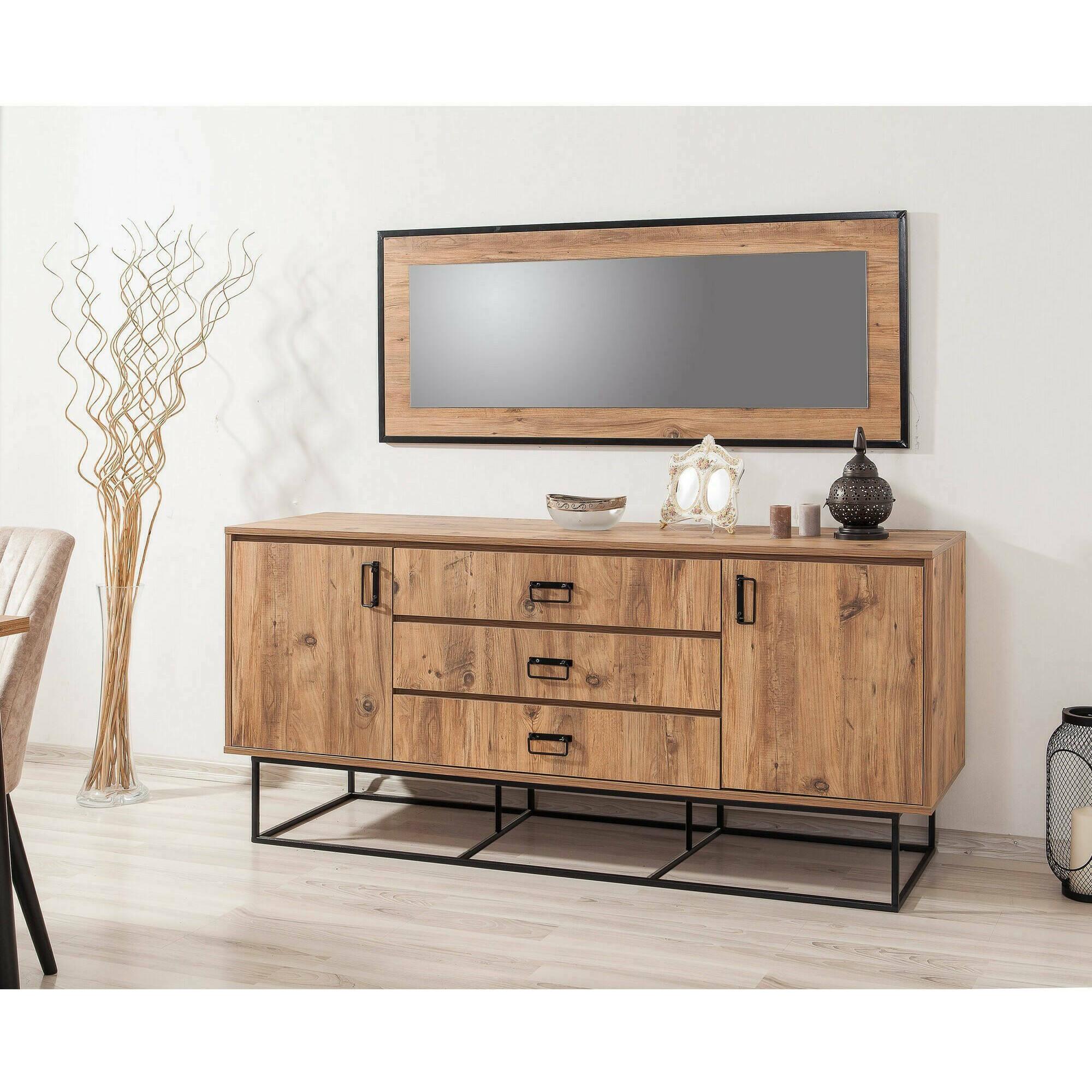 Credenza Dgramign, Buffet da soggiorno, Madia da salotto, Dispensa da cucina, 180x45h80 cm, Quercia e Nero