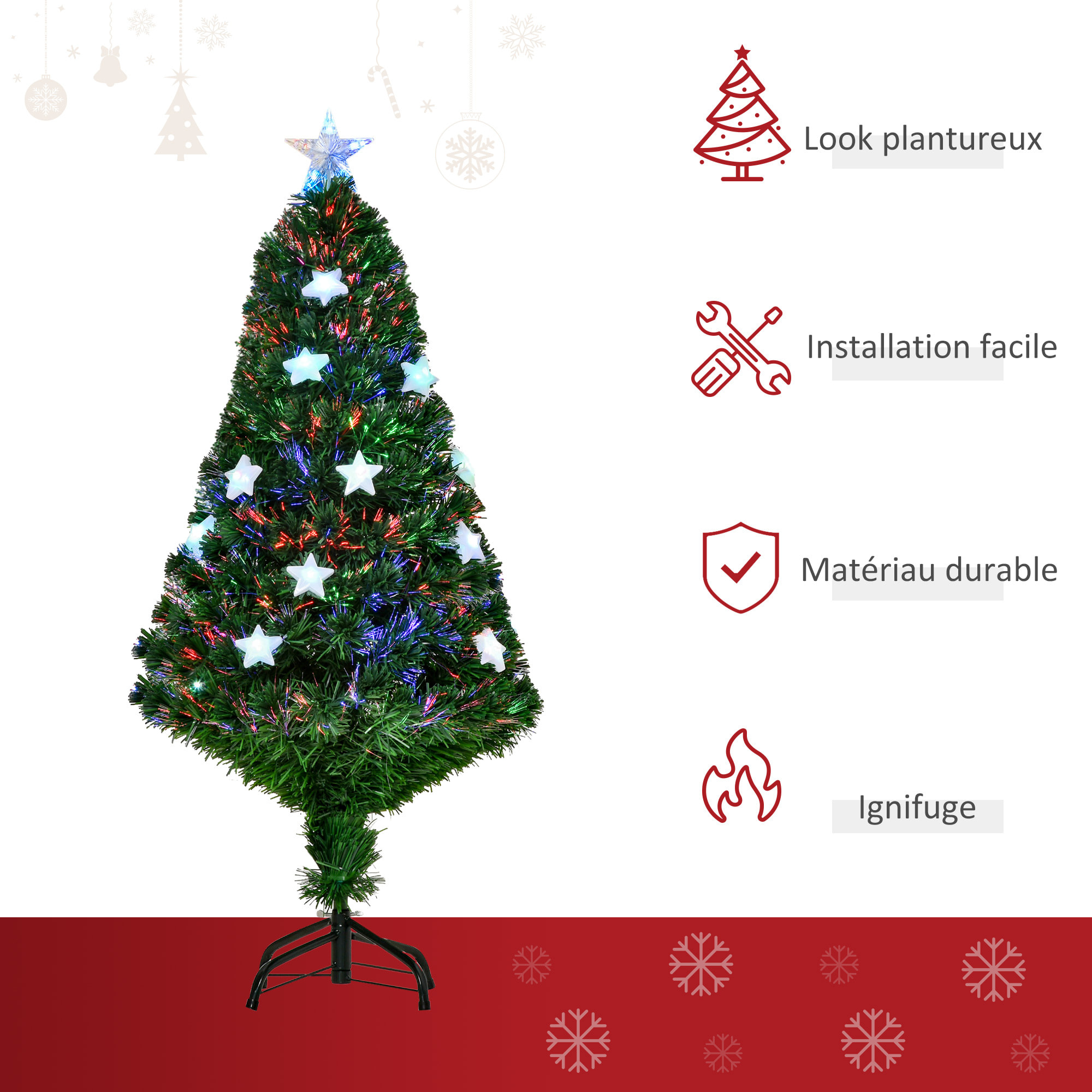 Sapin de Noël artificiel lumineux fibre optique LED multicolore + support pied Ø 60 x 120H cm 130 branches étoile sommet brillante vert