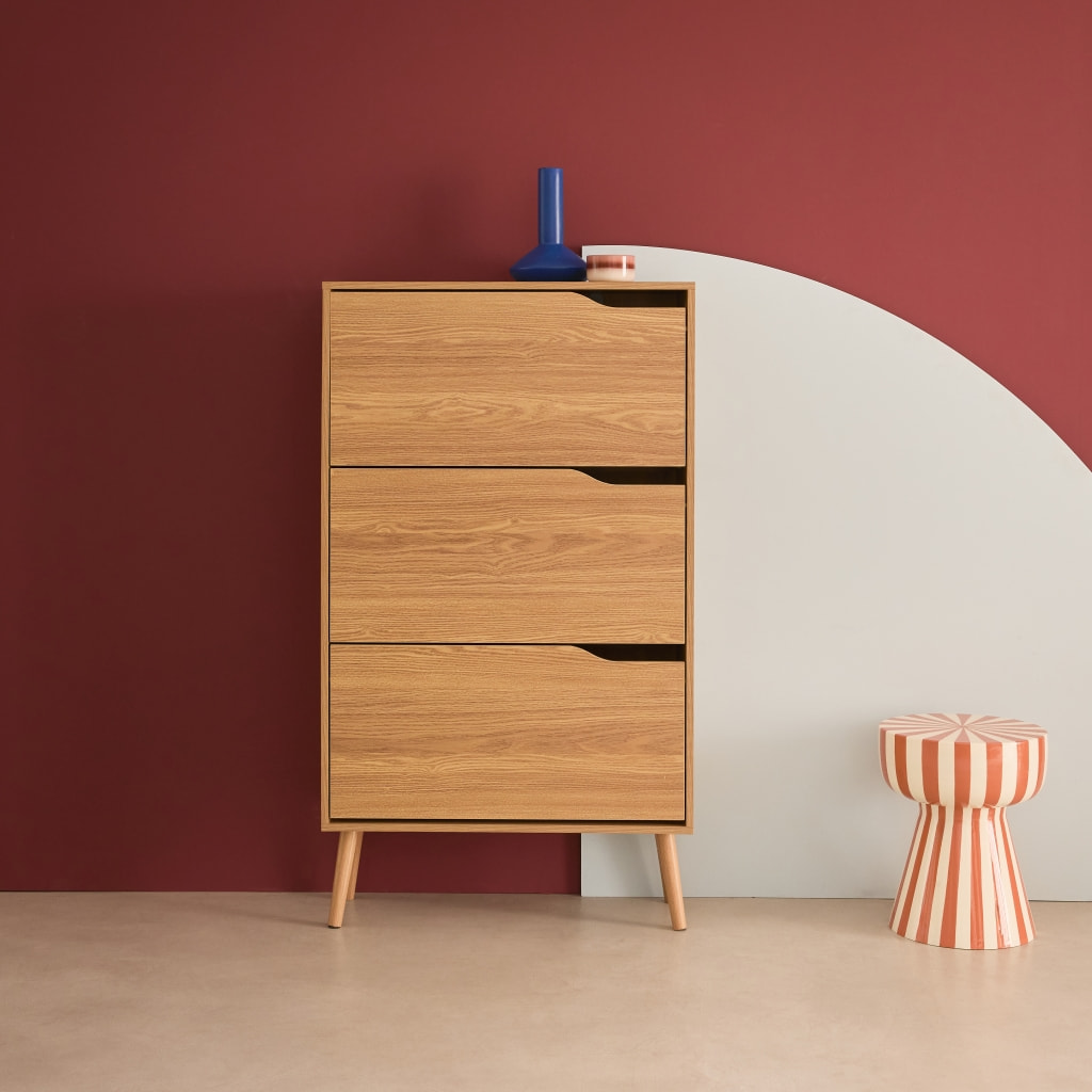 Meuble à chaussures scandinave décor naturel 3 portes abattantes capacité 18 paires de chaussures