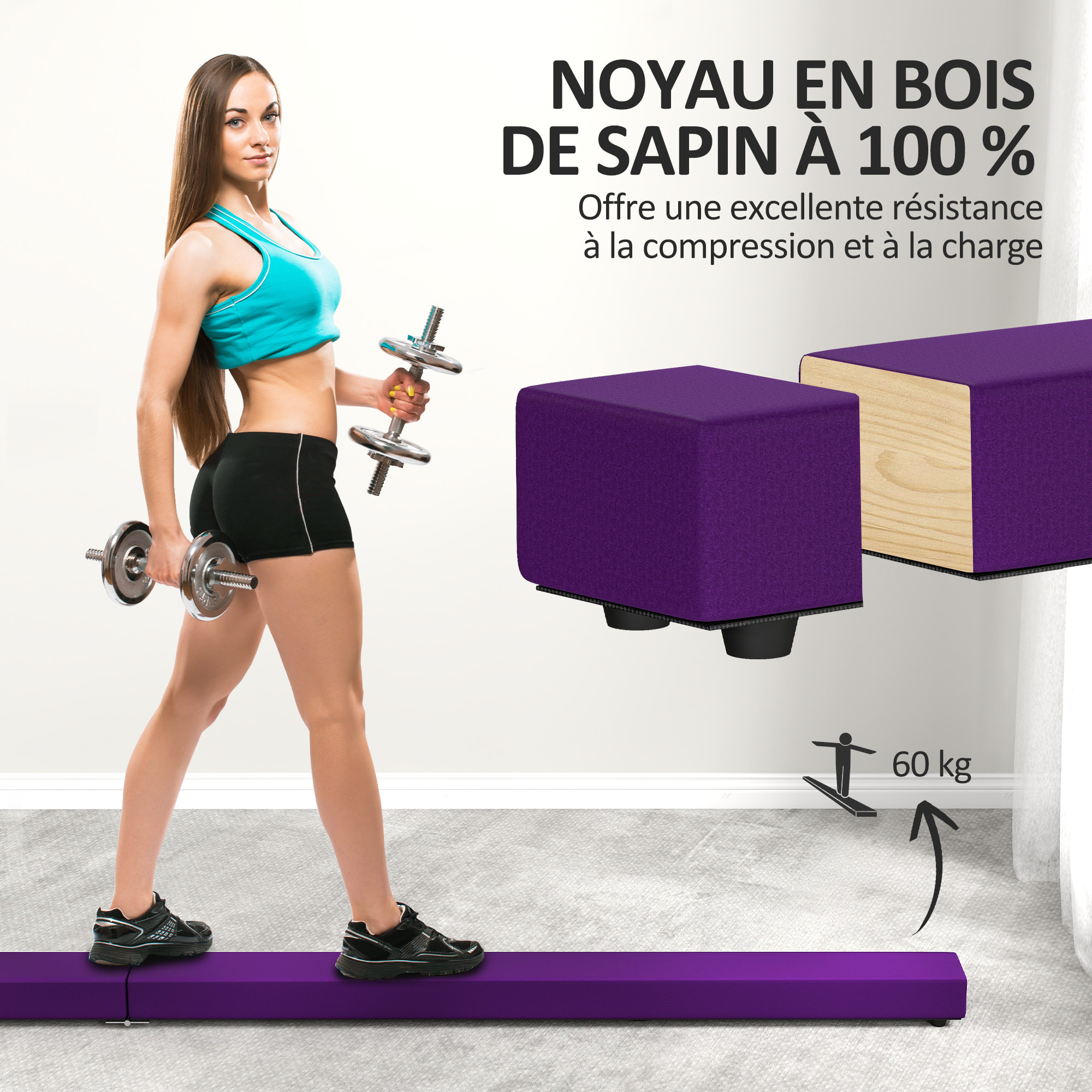 Poutre gymnastique pliable 240 cm - poutre d'équilibre antidérapante - bois de pin revêtement flanelle violet