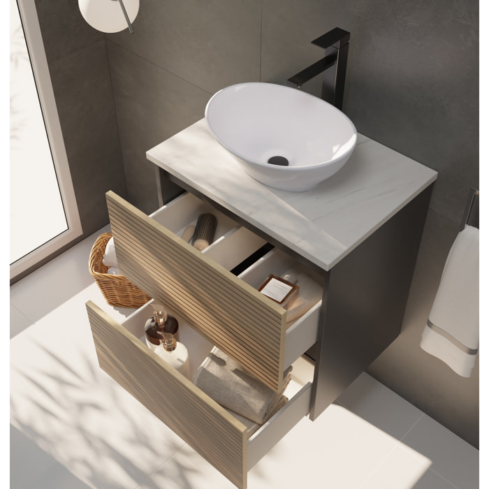 Conjunto de Baño Yinu | 60 cm Negro - Solomon | Dos Cajones | Lavabo sobre Encimera | No incluye Espejo | Alday