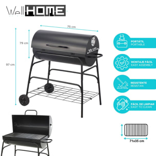 Barbacoa de cilindro con ruedas, color negro y parrilla de cocción chapada H.97cm