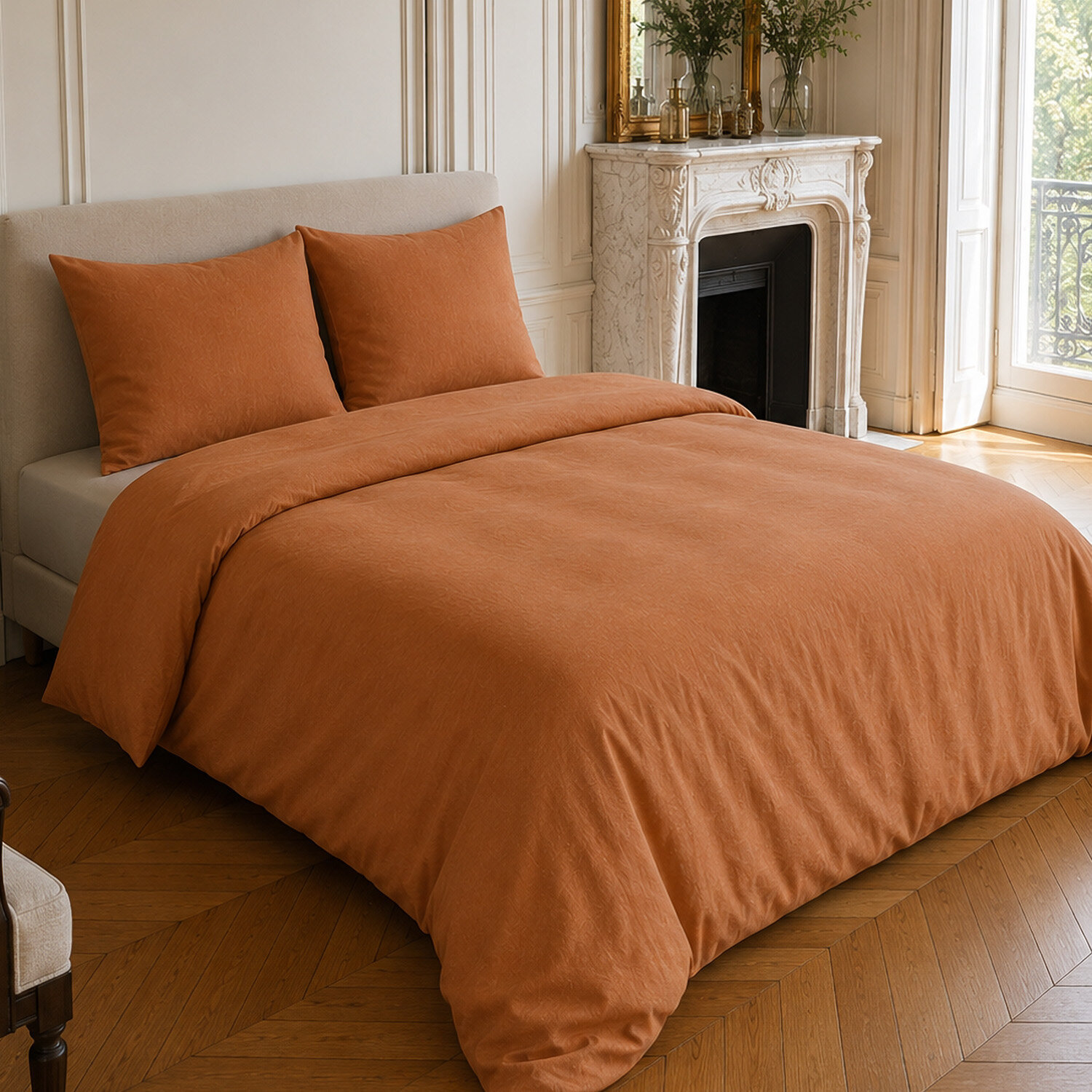 Parure housse de couette coton/lin unie caramel, HAVEN