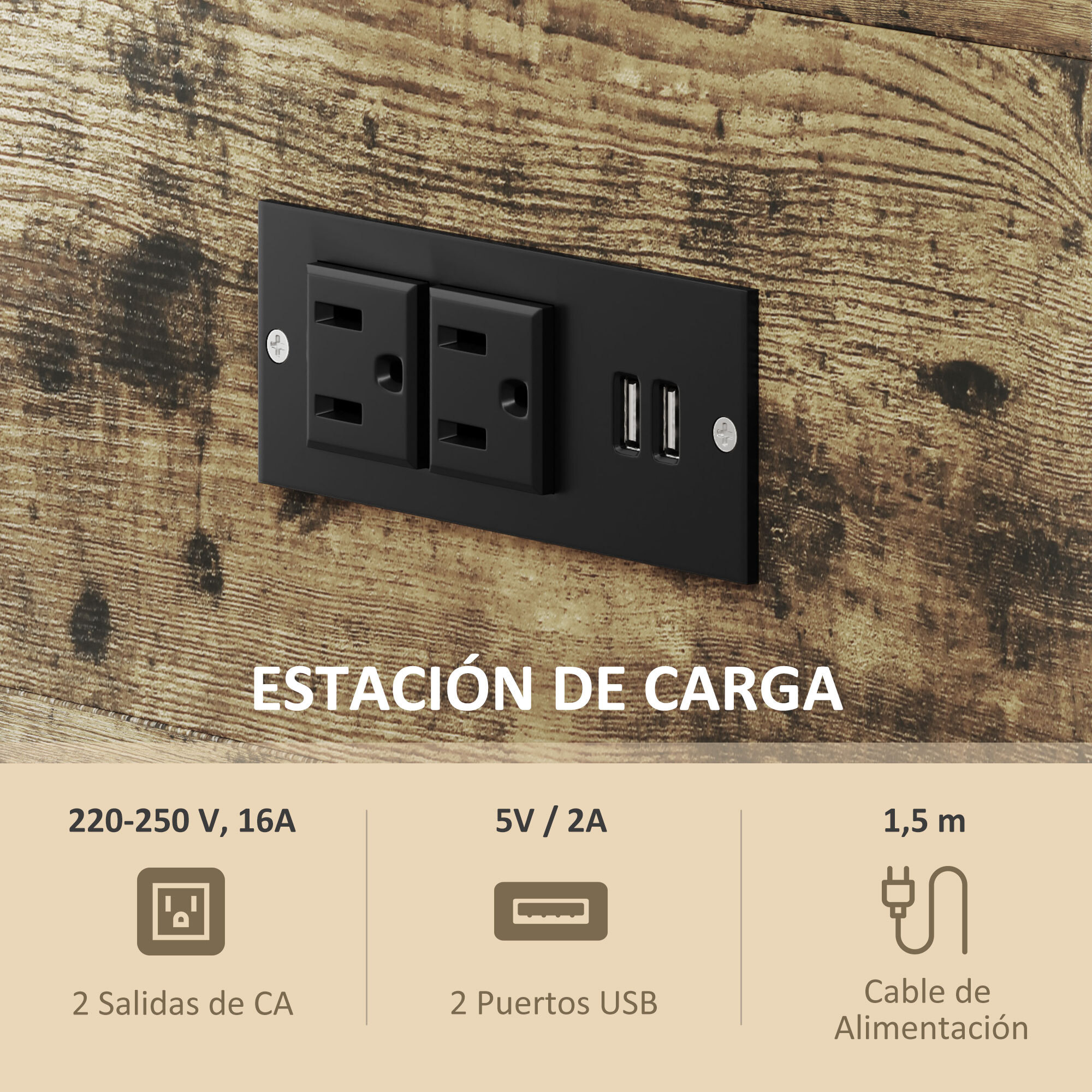 Mesa Auxiliar con Estación de Carga Mesita Auxiliar Industrial con Cajón y Estantes Abiertos Mesa Auxiliar para Salón Dormitorio Marrón Rústico