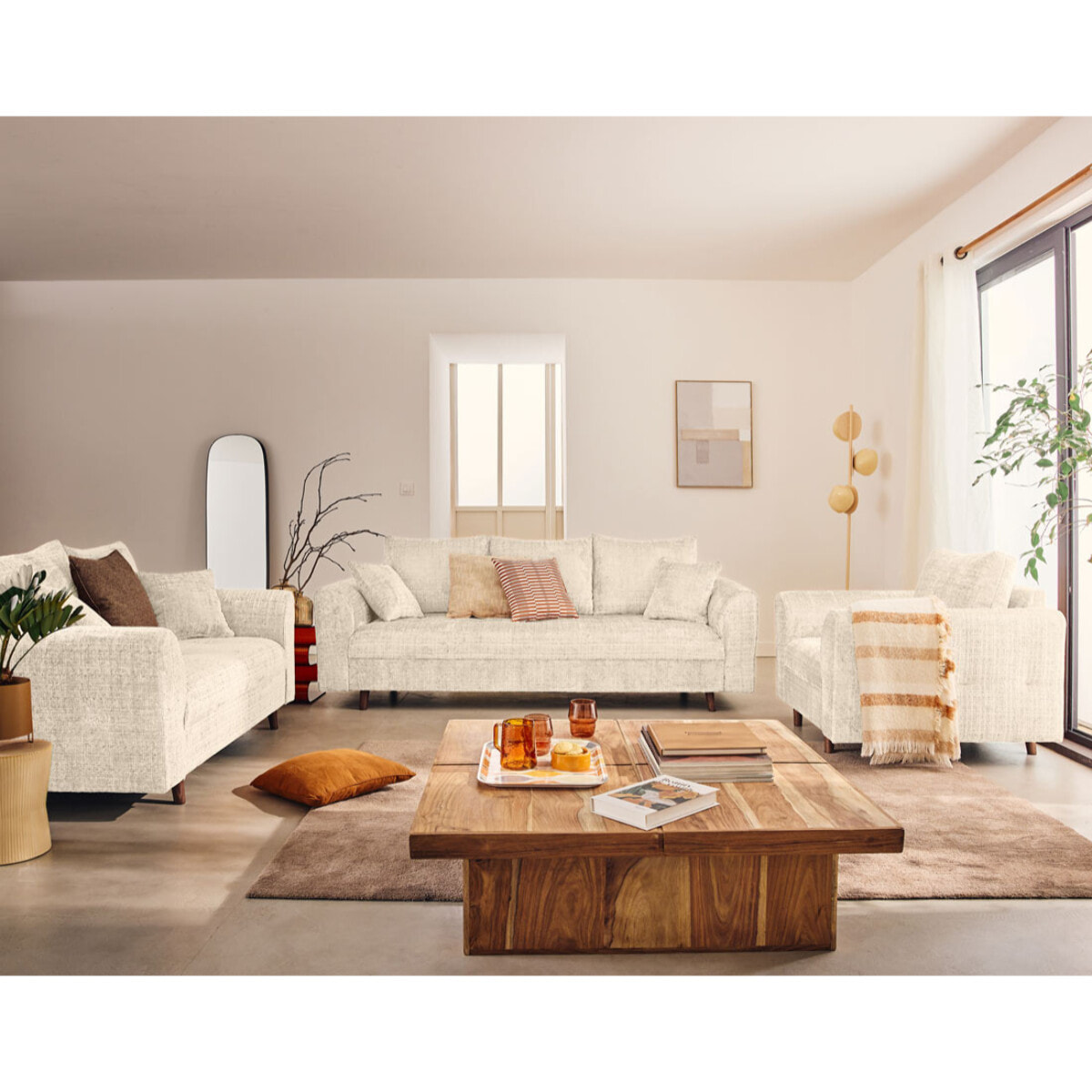 Rune - canapé droit 3 places en velours texturé - Beige