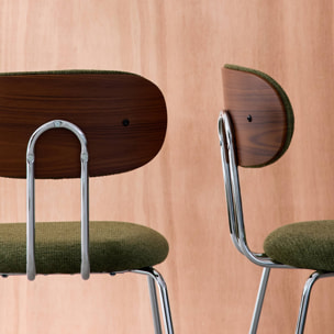 Chaise décor bois courbé teinté noyer et tissu déperlant pieds métal chromé (lot de 2) ERIN