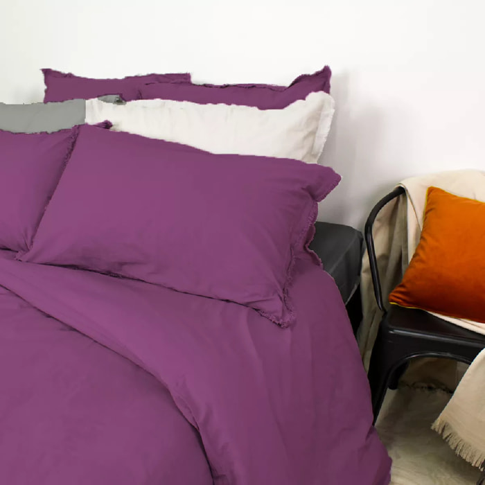 Lot h.couette +taies pur coton lavé uni violet Zora raisin