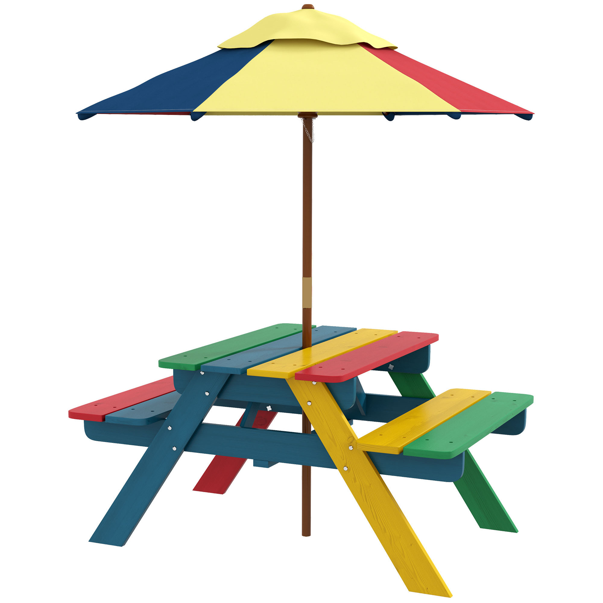 Mesa de Picnic para Niños de Madera Mesa y 2 Bancos Infantiles con Sombrilla Extraíble para Jardín Patio 85,5x75x142,5 cm Multicolor