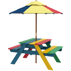 Mesa de Picnic para Niños de Madera Mesa y 2 Bancos Infantiles con Sombrilla Extraíble para Jardín Patio 85,5x75x142,5 cm Multicolor