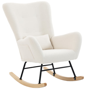 Silla Mecedora Moderna, Mecedora Tapizada en Terciopelo de Teddy, Sillón de Lactancia con Respaldo Acolchado Alto, Almohada, Patas de Madera, Bolsillo Lateral, para Dormitorio, Salón, Crema