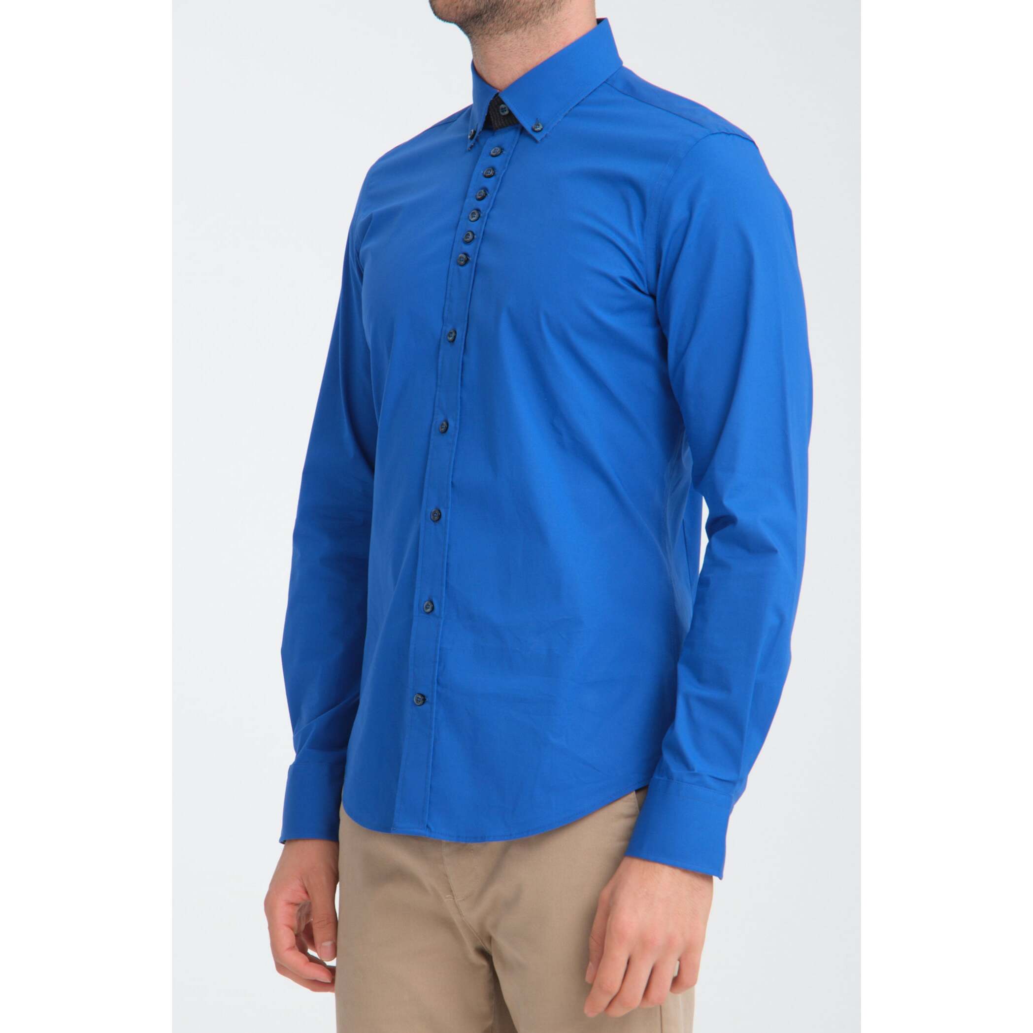 Camicia Uomo 1 Bottoni Button Down Slim Popeline Stretch Unito Bluette