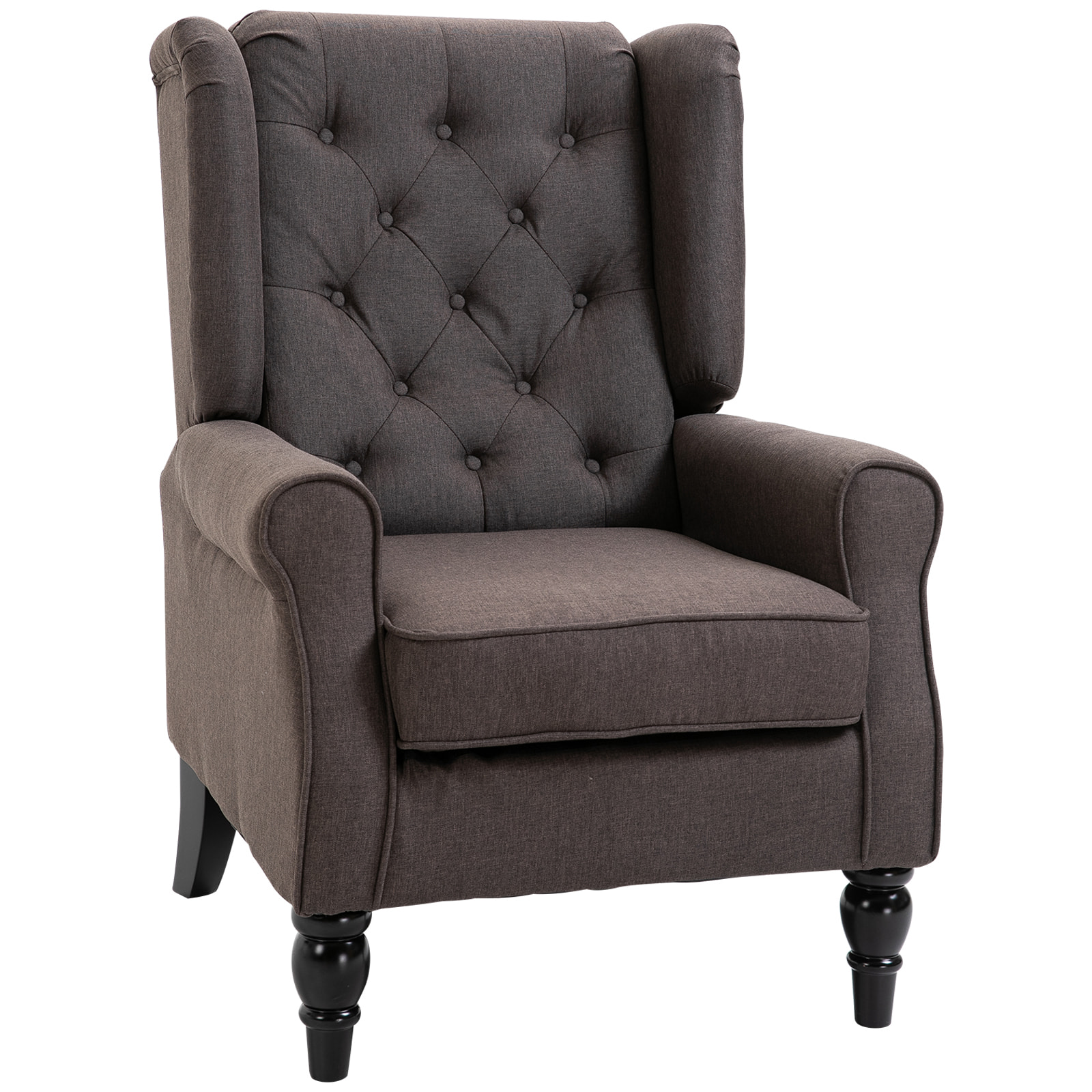 Fauteuil à oreilles style Chesterfield dossier capitonné grand confort bois noir tissu chocolat