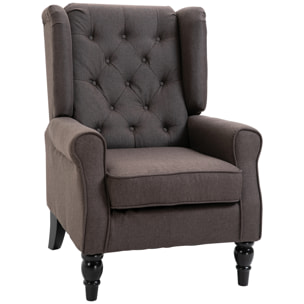 Fauteuil à oreilles style Chesterfield dossier capitonné grand confort bois noir tissu chocolat