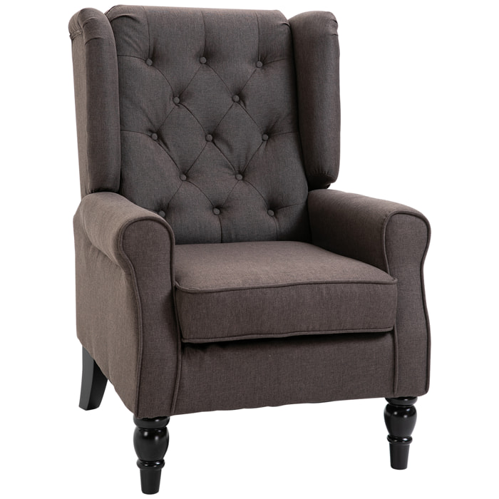 Fauteuil à oreilles style Chesterfield dossier capitonné grand confort bois noir tissu chocolat