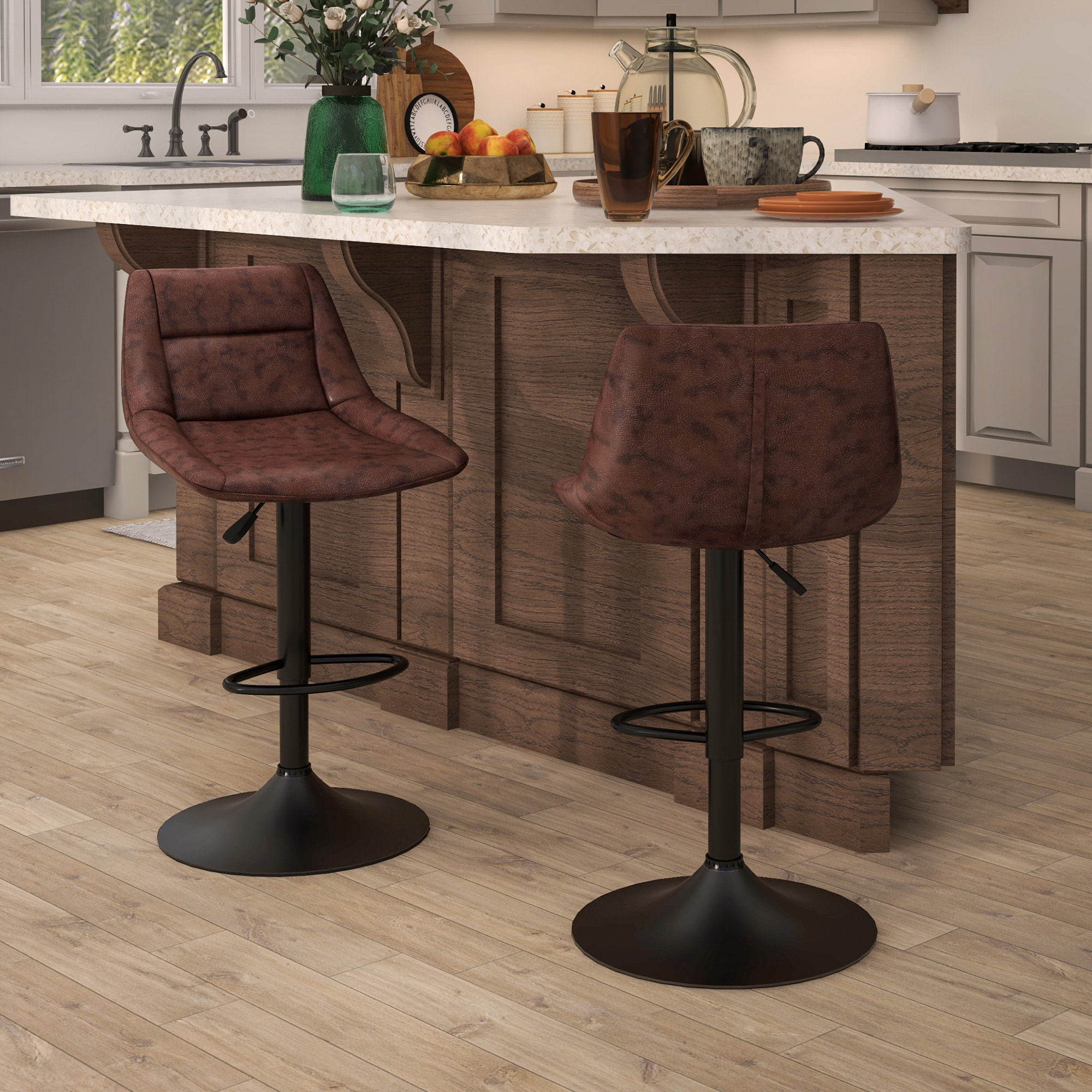 Lot de 2 tabourets de bar Vintage réglable pivotant avec repose-pied revêtement synthétique marron effet vieilli