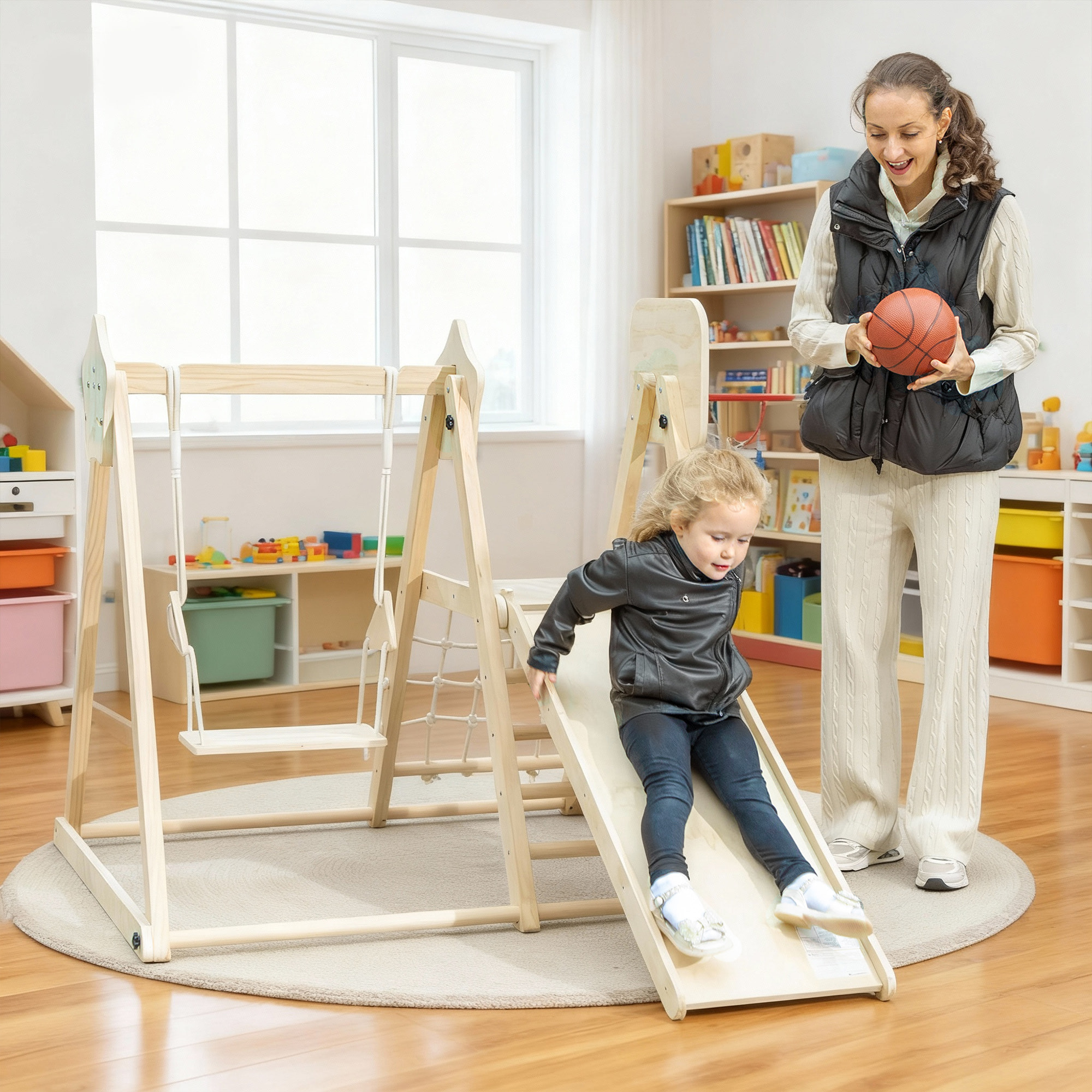 Tobogán Infantil 5 en 1, Estructura de Escalada de Madera con Tobogán, Columpio, Aro de Baloncesto, Tabla, Red de Escalada, Parque Plegable para Niños de 3-6 Años, Interior, Exterior, Natural