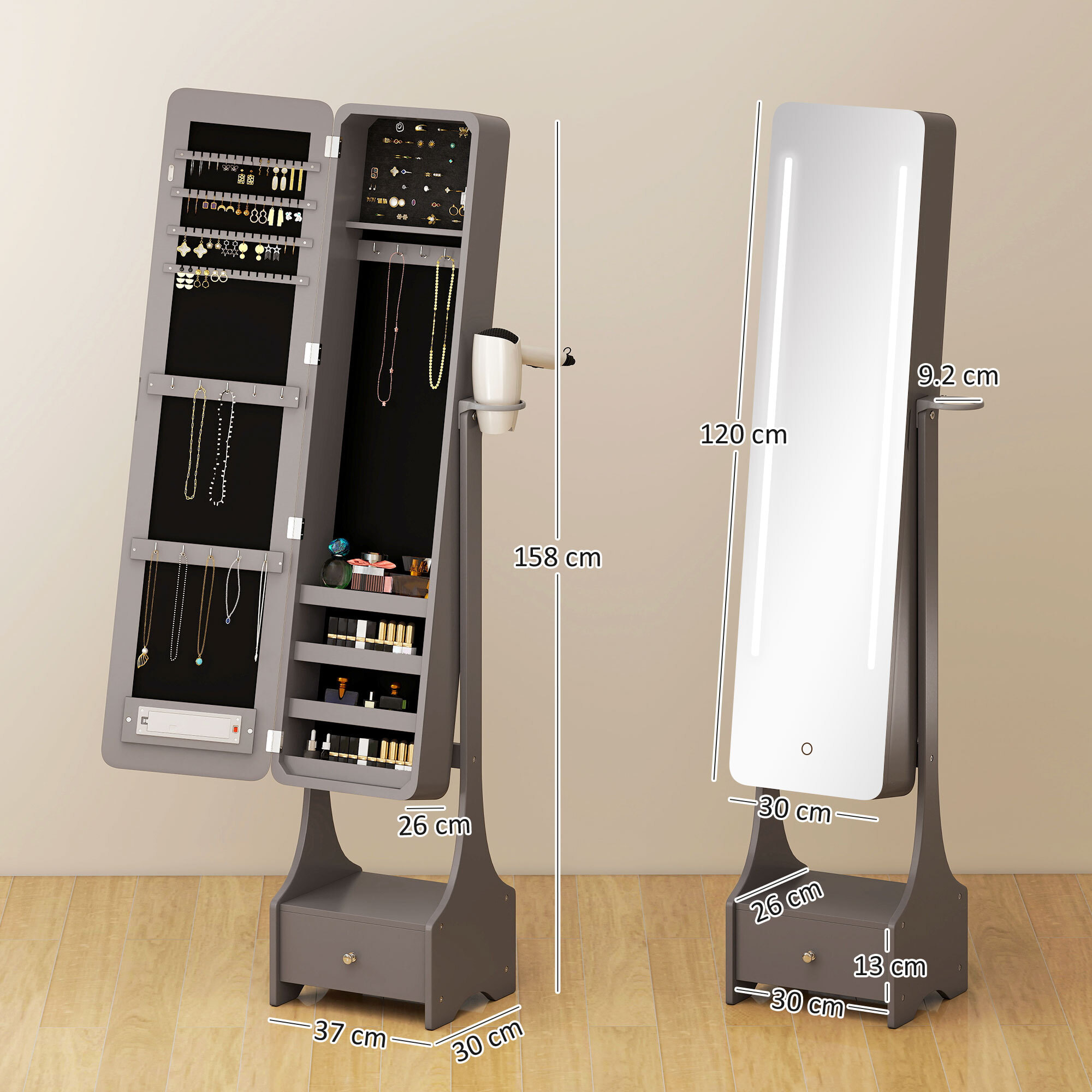 Espejo Joyero con Luces LED, Armario para Joyas, Armario Joyero con Espejo Entero de Ángulo Ajustable, Cajón, Interruptor Táctil, Luces Apagado Automático, Soporte para Secador, Gris