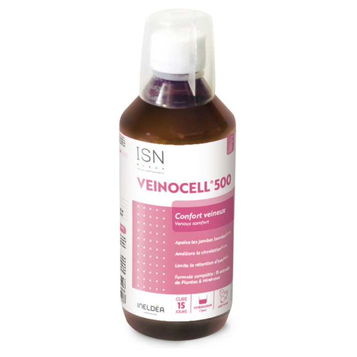 ISN - Veinocell 500 - Complément alimentaire à base de plantes, minéraux - Vigne Rouge, Hamamélis, Mélilot - Confort circulatoire - Limite la rétention d'eau - Lot de 3 Flacons