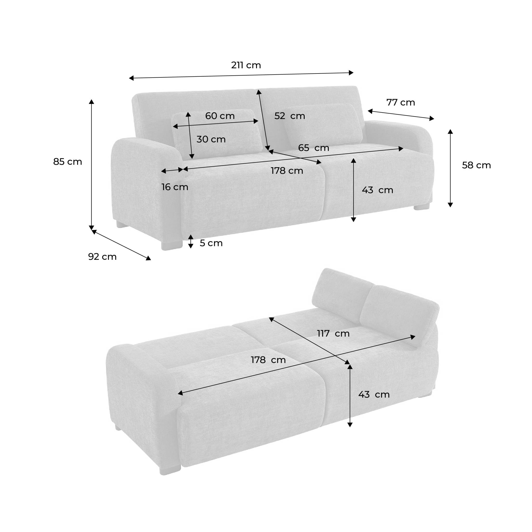 Canapé convertible 3 places tissu vert de gris L 211 x P 92 x 85cm  - Dany