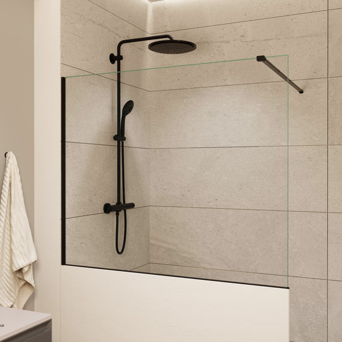 Pare-muret 110x100cm Paroi en verre Crystal Glass® 8 mm anticalcaire, avec bras et profilés noir mat (SATBWIS110PRC)
