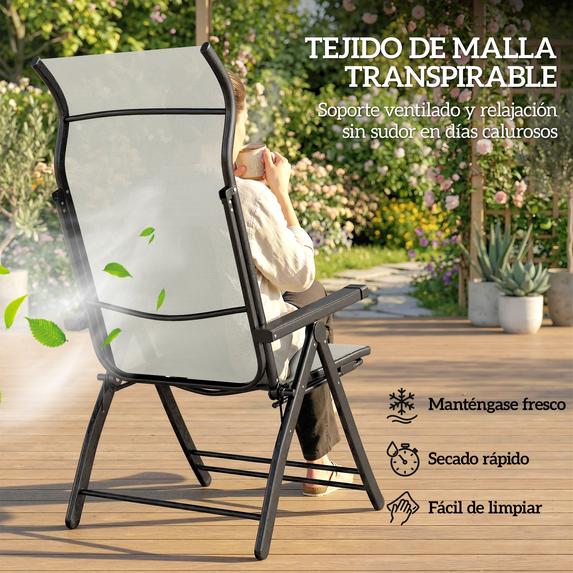 Pack de 2 Sillas Plegables Reclinables, Sillas de Jardín Exterior con Respaldo Alto Curva Ajustable en 5 Posiciones, Reposapiés Retráctil y Marco de Metal, para Patio, Playa, Gris Claro
