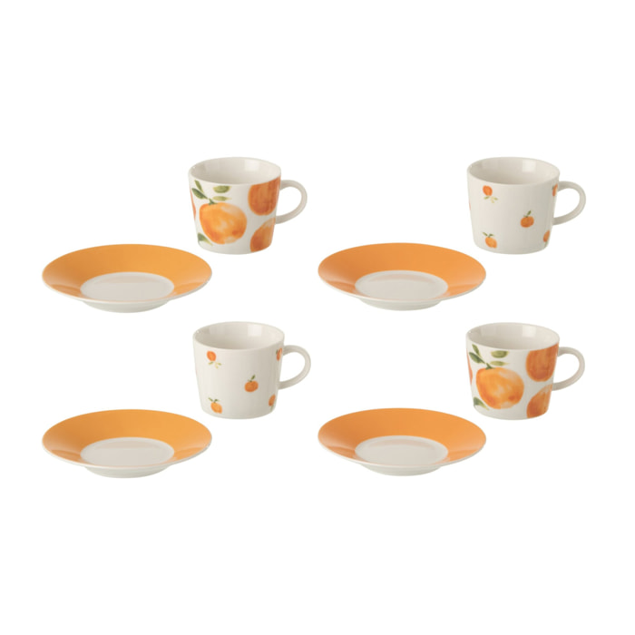 J-Line Tasse + Sous-tasse Orange - céramique - blanc/orange- small - set de 4