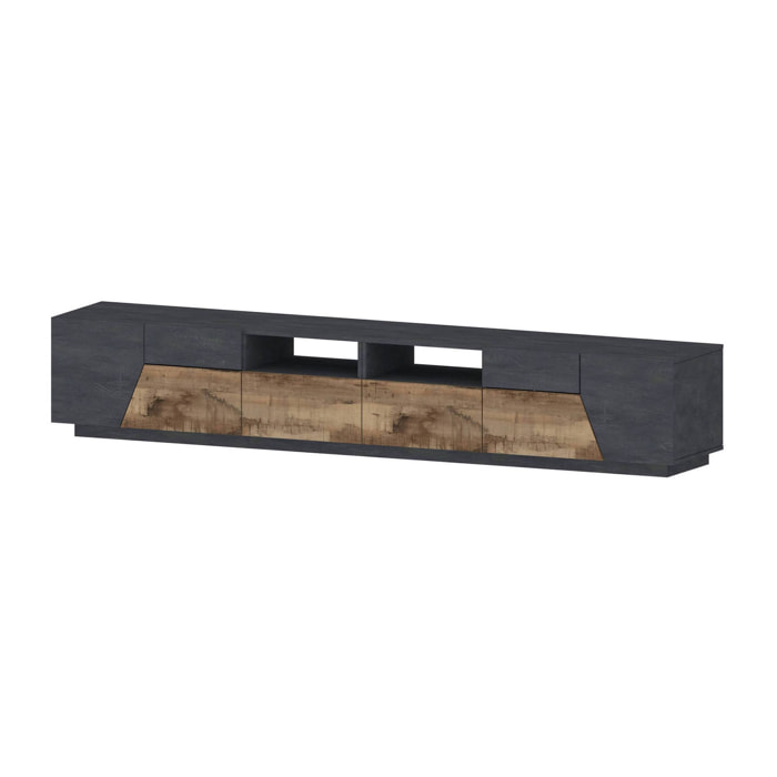 Mobile porta TV Asdrubale, Credenza bassa da soggiorno a 4 ante, Base porta televisione, 100% Made in Italy, cm 260x43h46, Ardesia e Acero
