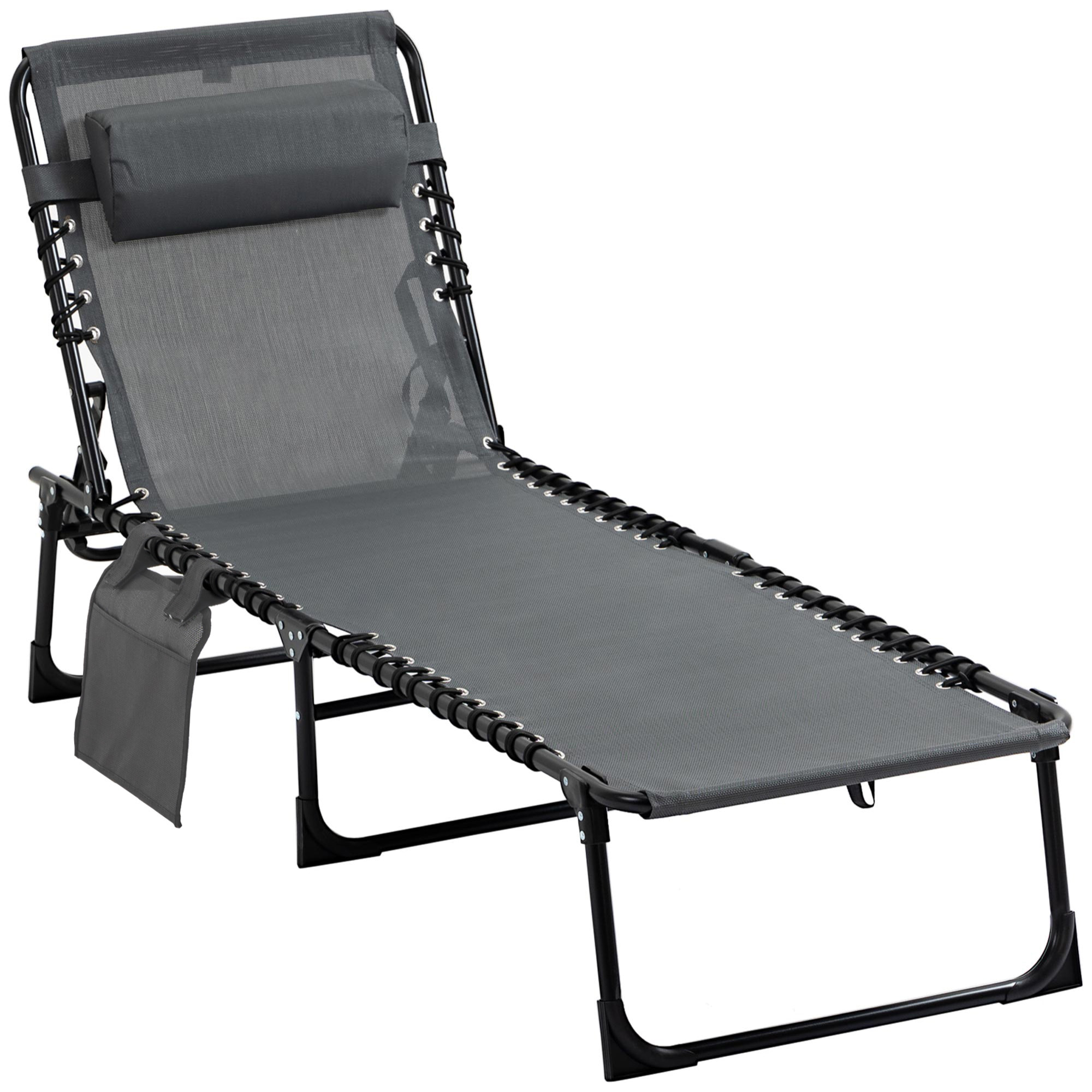 Tumbona Plegable Tumbona Jardín Exterior con Respaldo Ajustable Reposacabezas Acolchado Bolsillo Lateral y Estructura de Acero 185x58x30 cm Gris