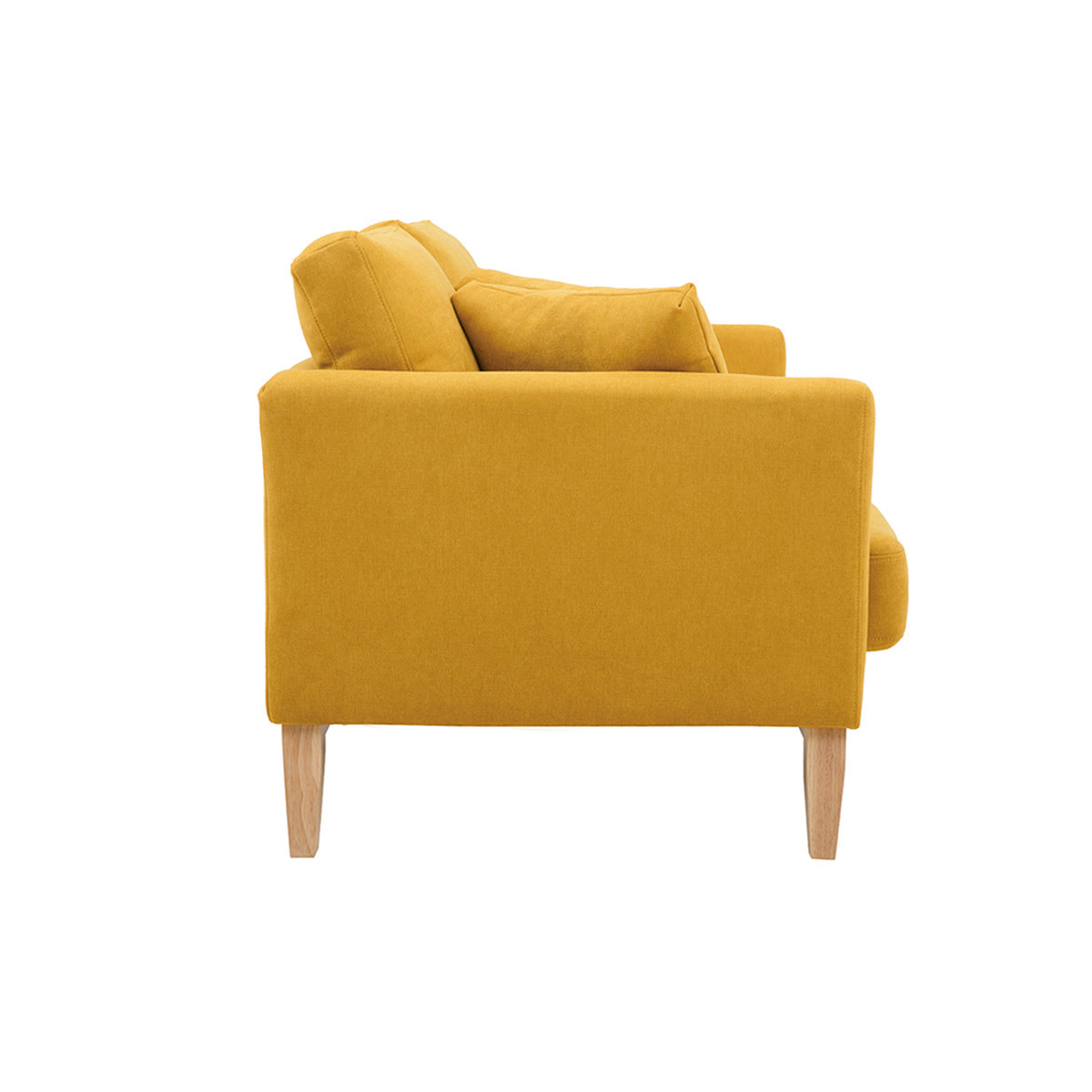 Canapé scandinave déhoussable 2 places en tissu effet velours jaune moutarde et bois clair OSLO