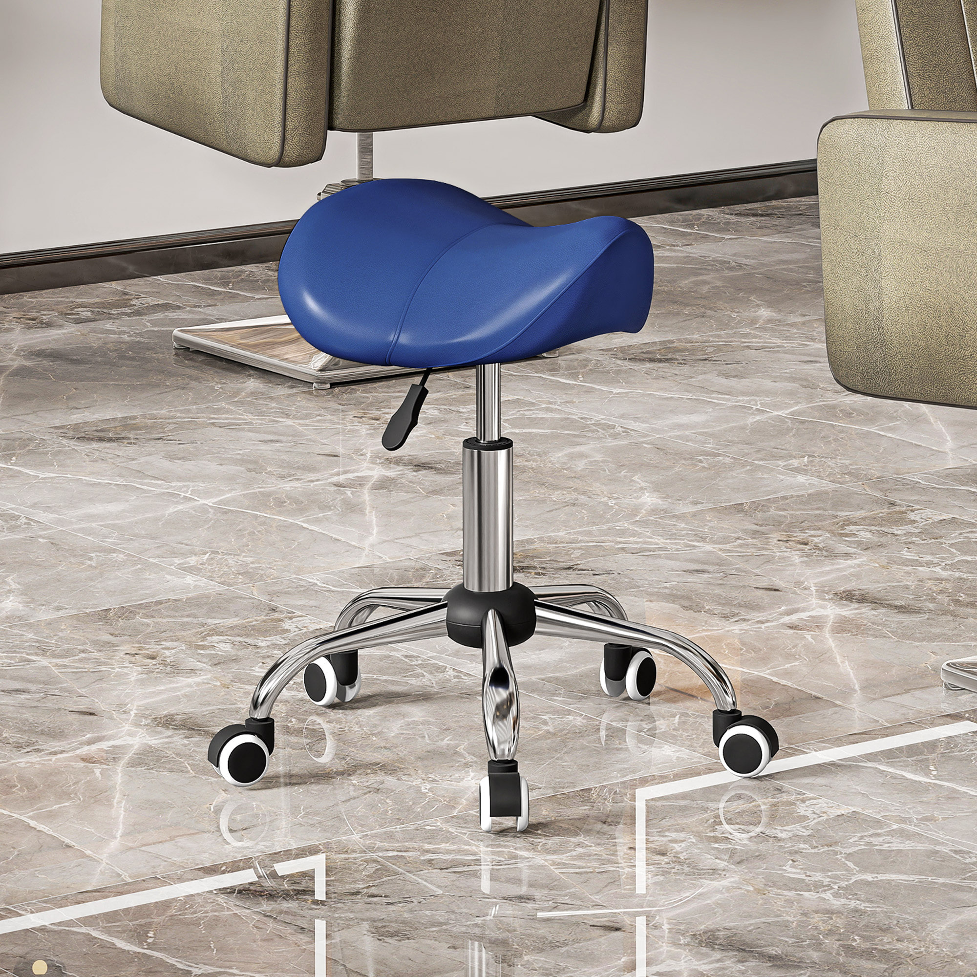 Tabouret de massage tabouret selle ergonomique pivotant 360° hauteur réglable revêtement synthétique bleu chromé