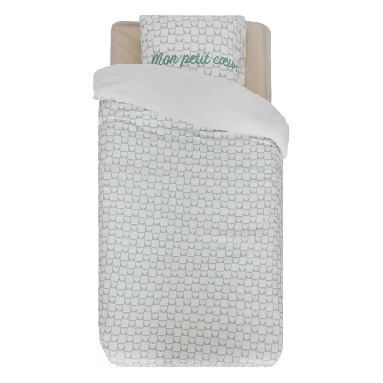 Parure de lit réversible Jaiko 140x200cm blanc/motif coeurs vert