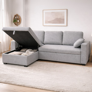 LARNACA Canapé d'angle convertible 3 places avec coffre en tissu gris