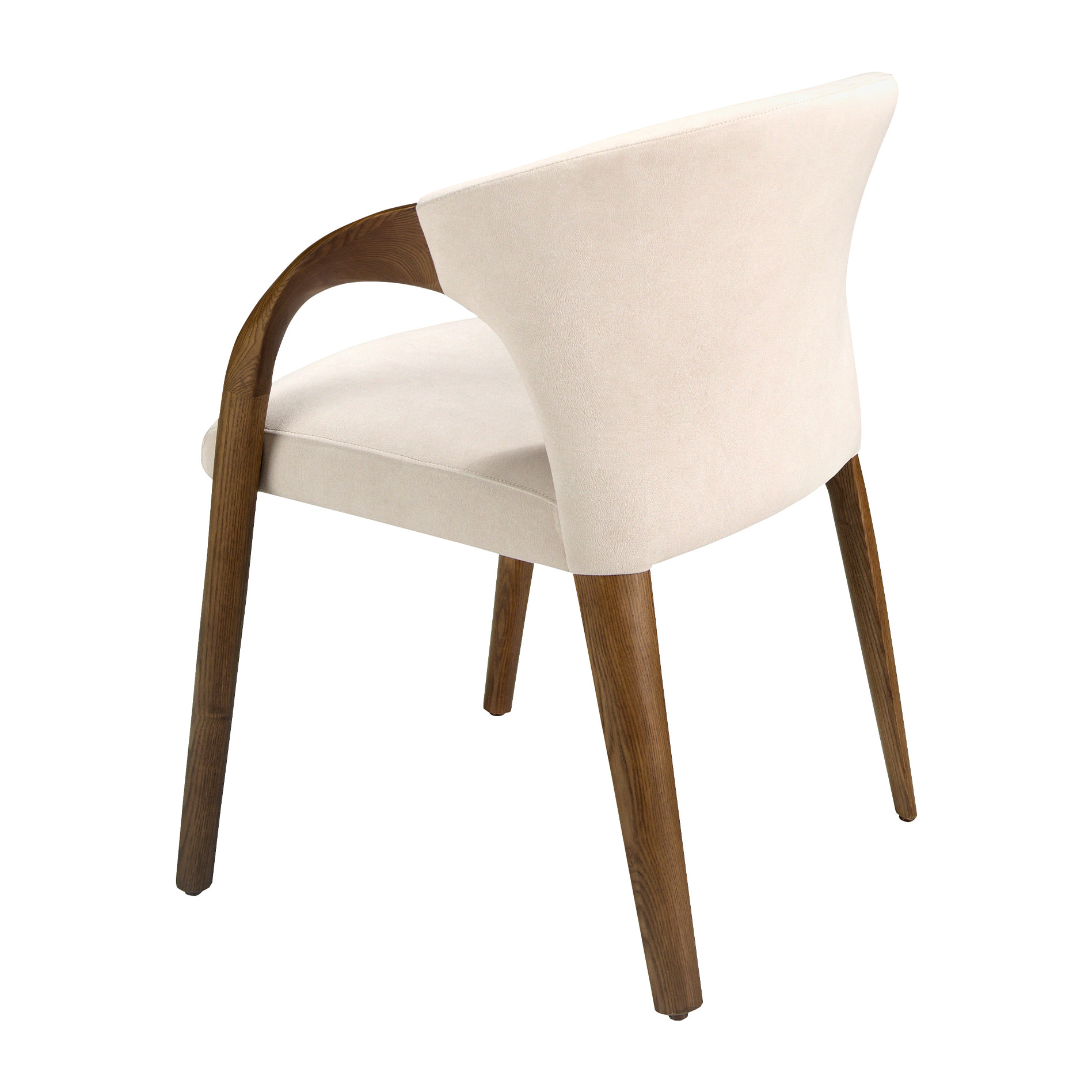 Silla con reposabrazos tapizado en tela aterciopelada en crema sus patas de madera en nogal 62x61x78cm